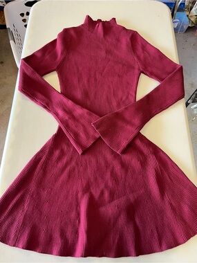 Ribbed Long-Sleeve Fit & Flare Dress - Burgundy